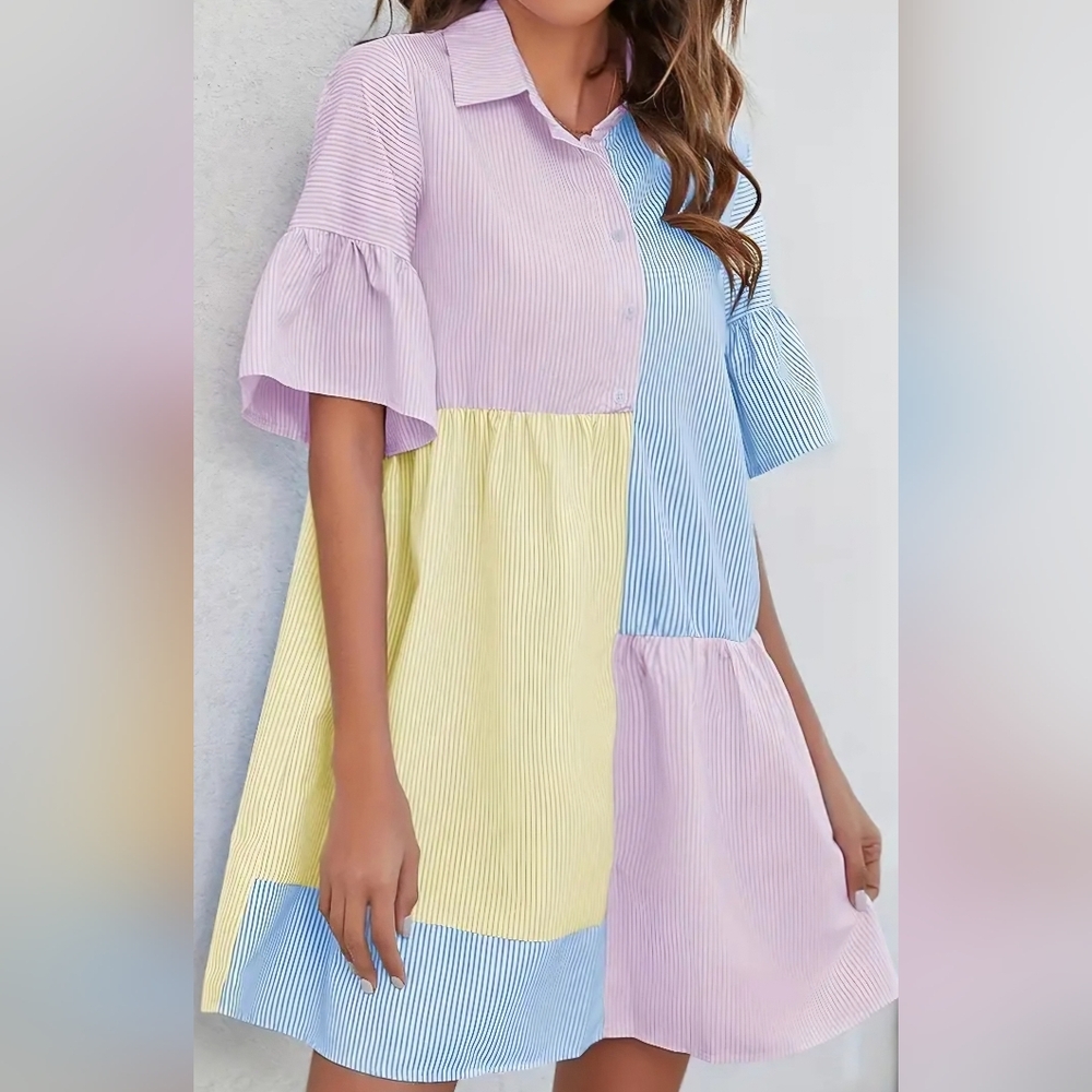 Pink and Purple Puff Sleeve Casual Sundress